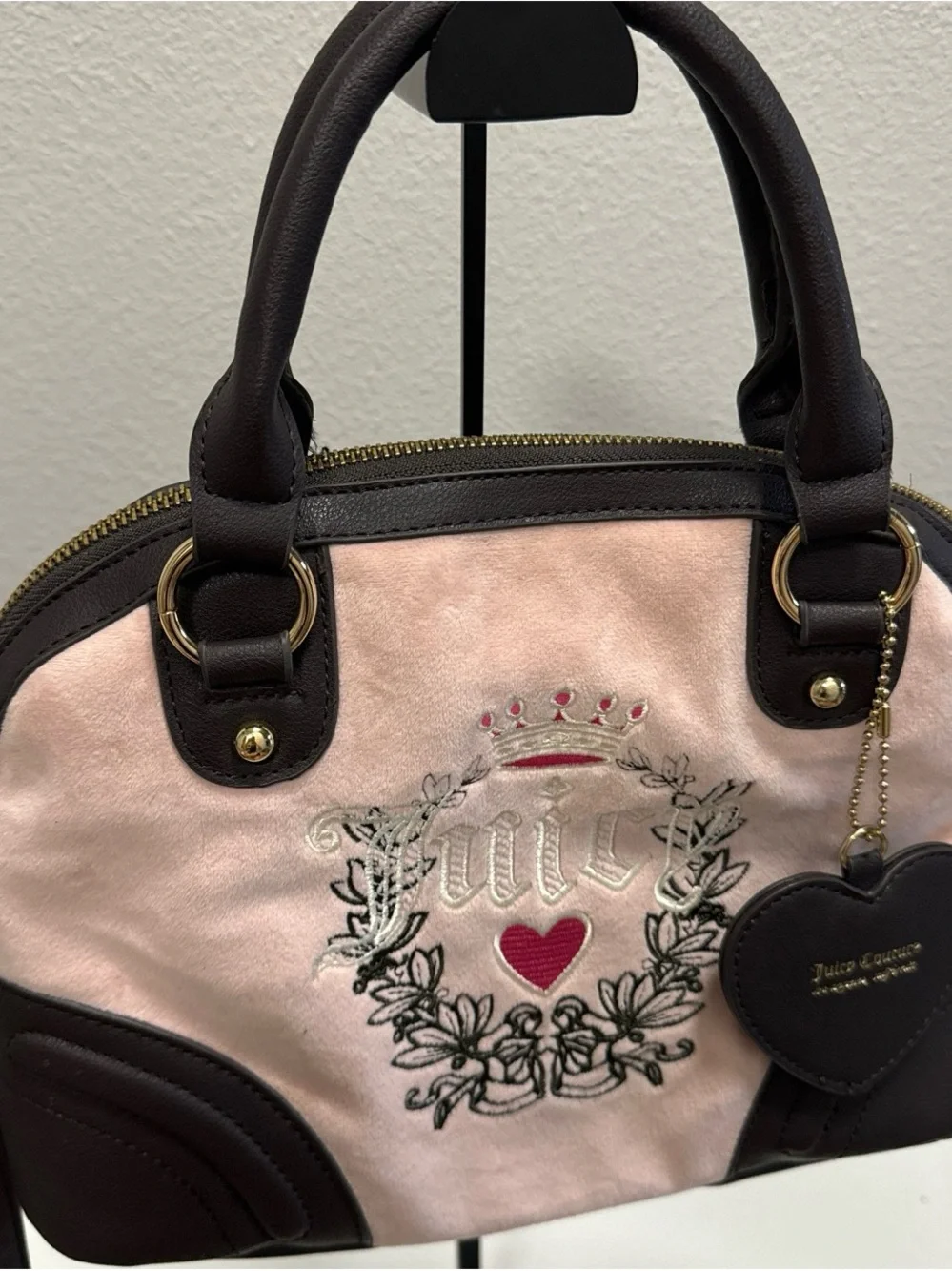 Juicy Couture Pink and Black Crest Satchel with Heart Charm